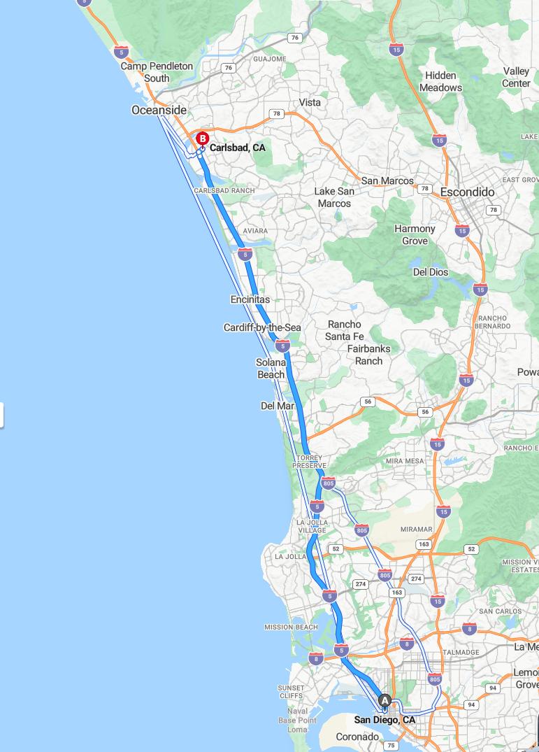 driving from San Diego, California to CarlsbadCalifornia - map and route