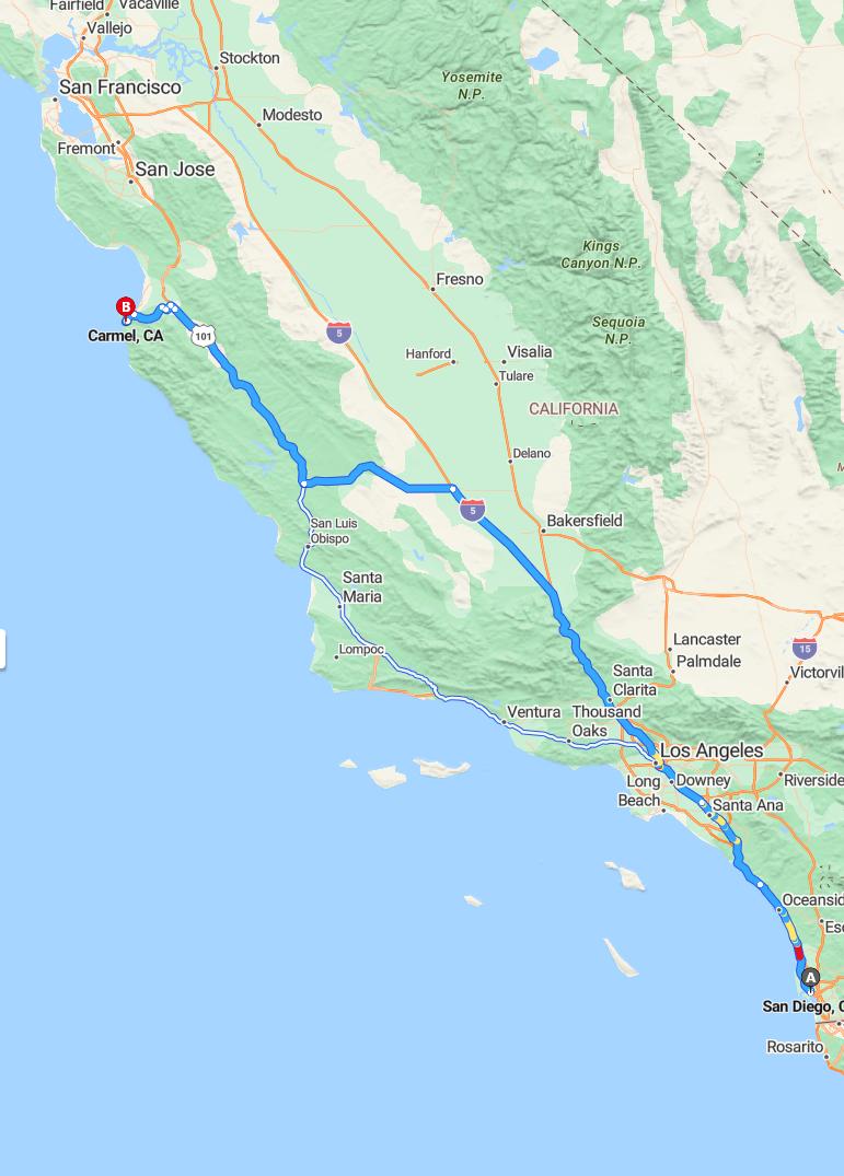 driving from San Diego, California to CarmelCalifornia - map and route