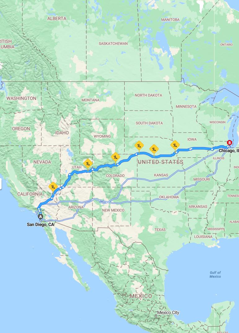 driving from San Diego, California to ChicagoIllinois - map and route
