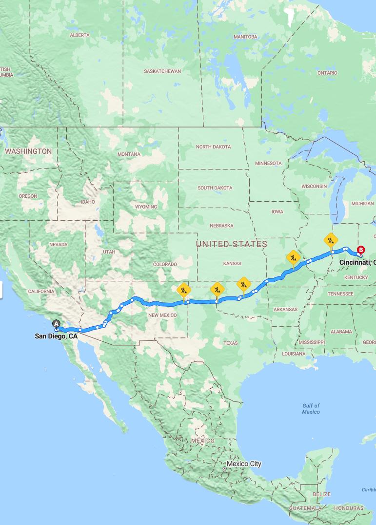 driving from San Diego, California to CincinnatiOhio - map and route