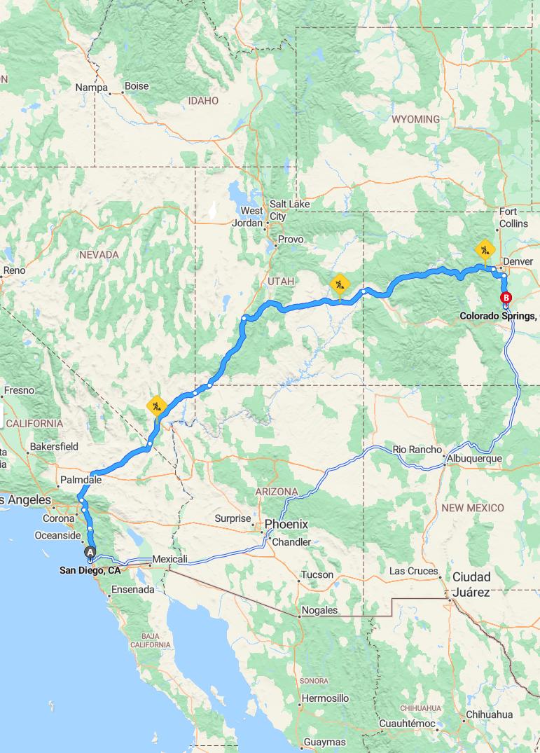 driving from San Diego, California to Colorado SpringsColorado - map and route