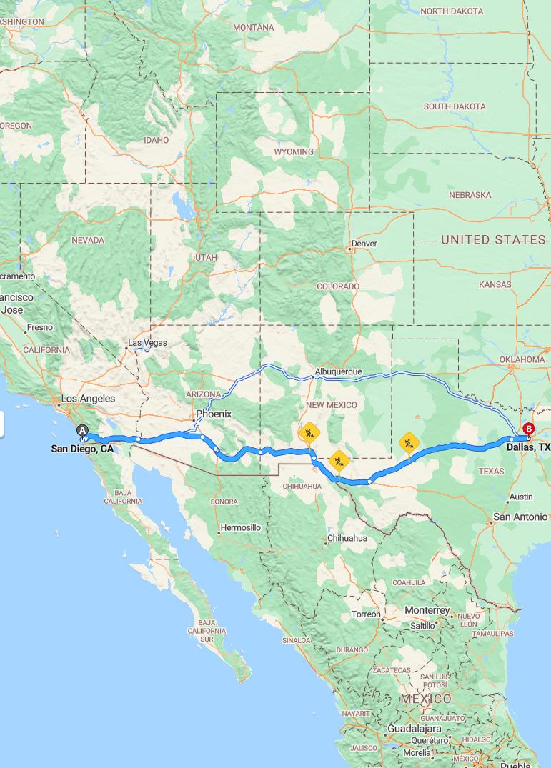 driving from San Diego, California to DallasTexas - map and route