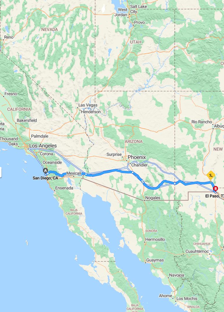 driving from San Diego, California to El PasoTexas - map and route