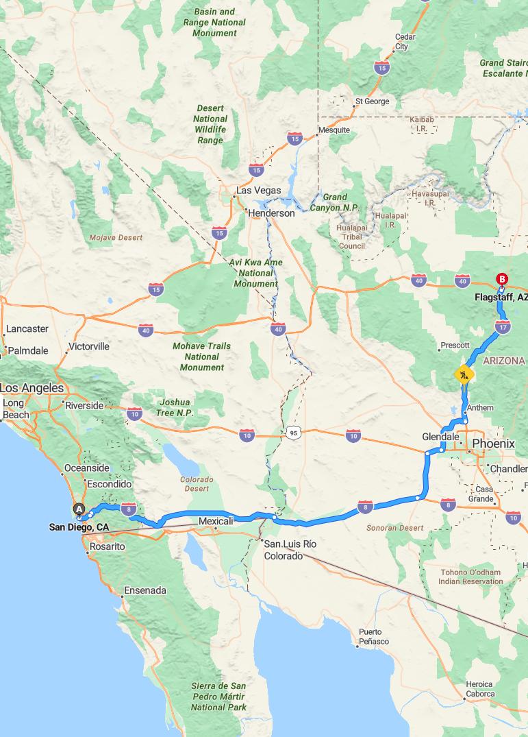driving from San Diego, California to FlagstaffArizona - map and route
