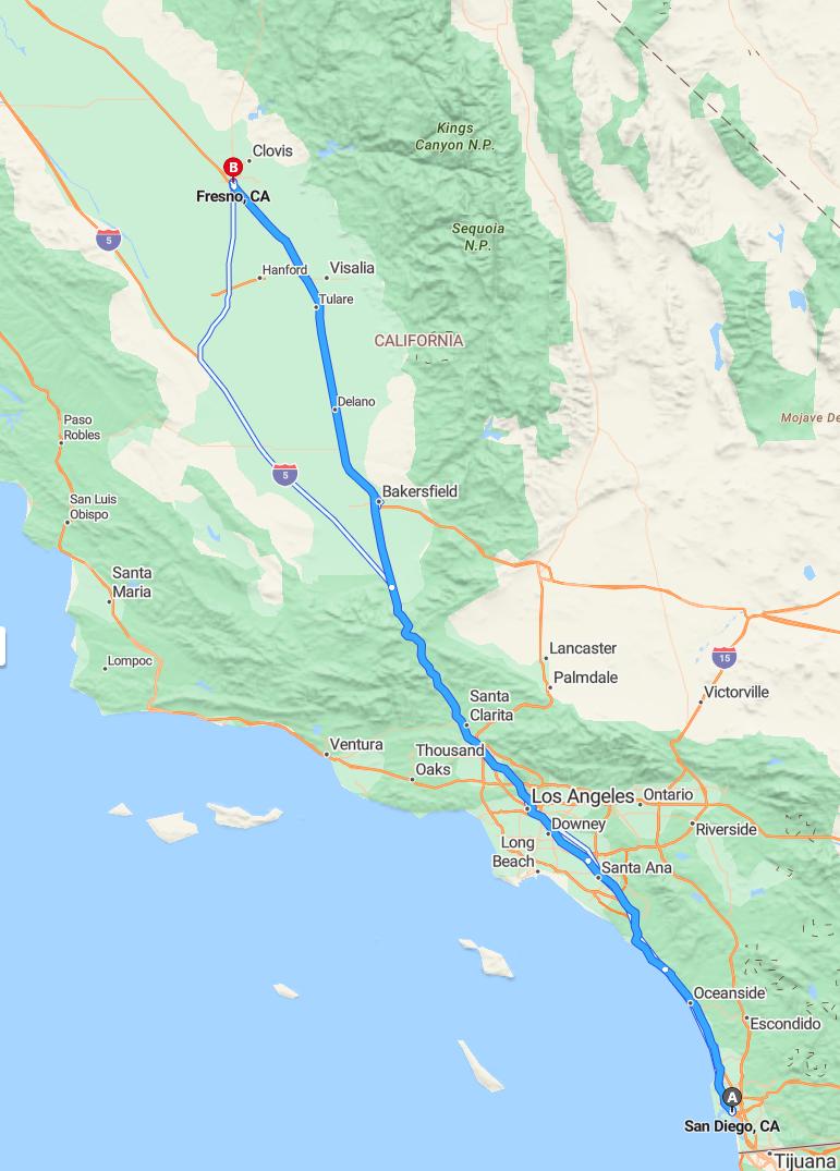 driving from San Diego, California to FresnoCalifornia - map and route