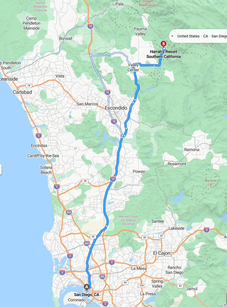 driving from San Diego, California to FunnerCalifornia - map and route