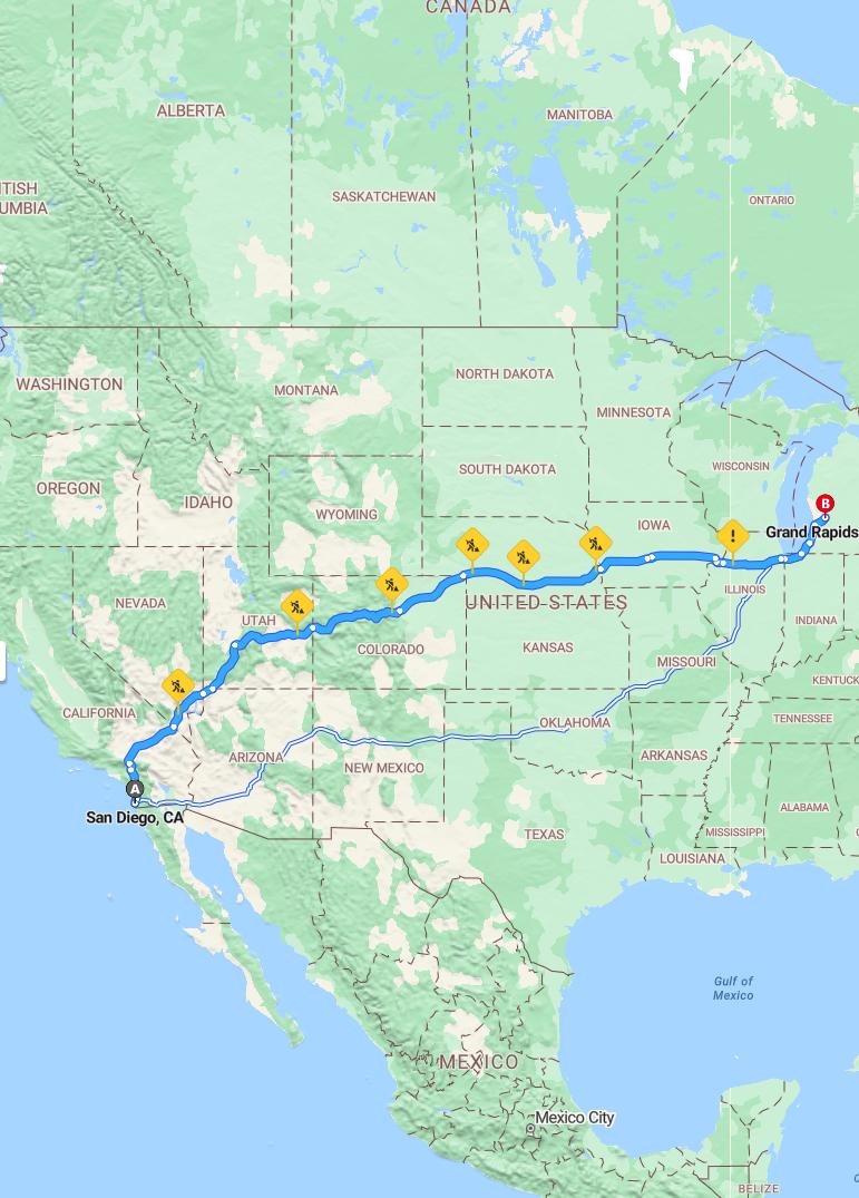 driving from San Diego, California to Grand RapidsMichigan - map and route
