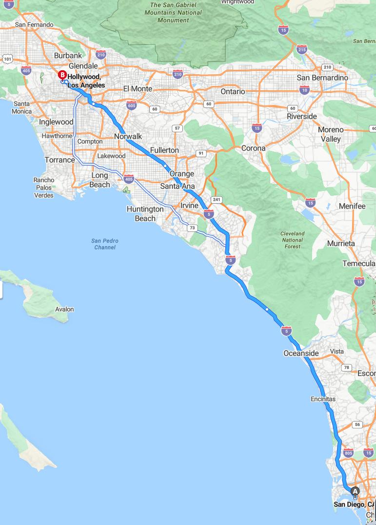 driving from San Diego, California to HollywoodCalifornia - map and route