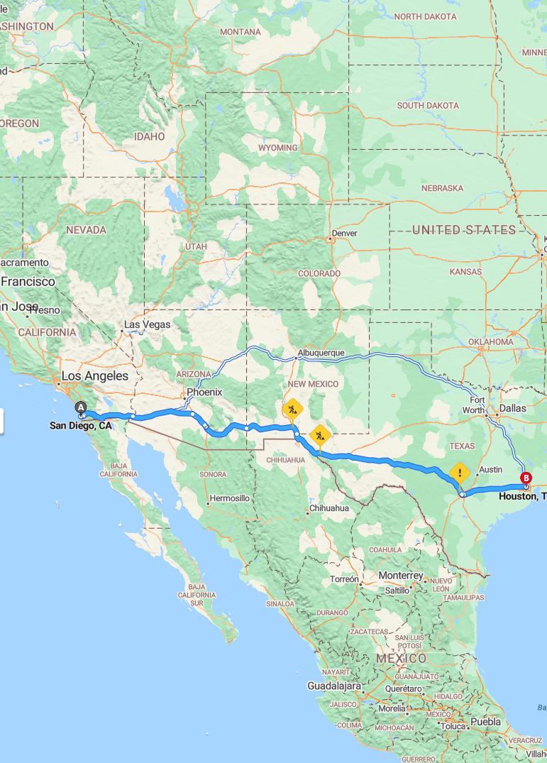 driving from San Diego, California to HoustonTexas - map and route