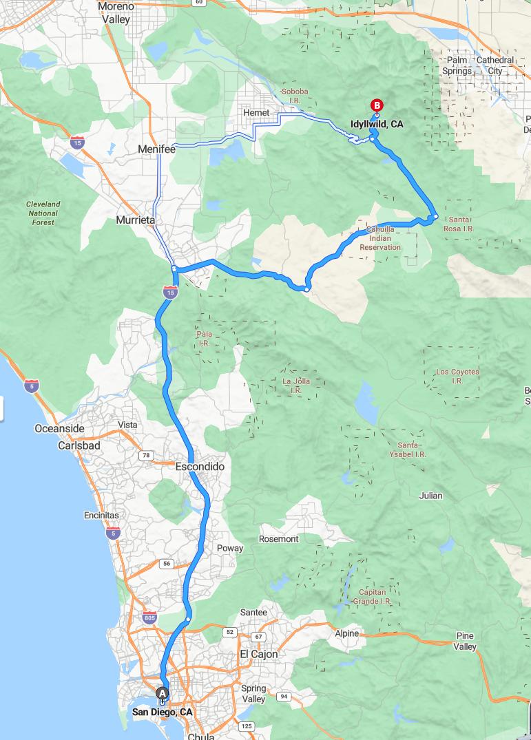 driving from San Diego, California to IdyllwildCalifornia - map and route