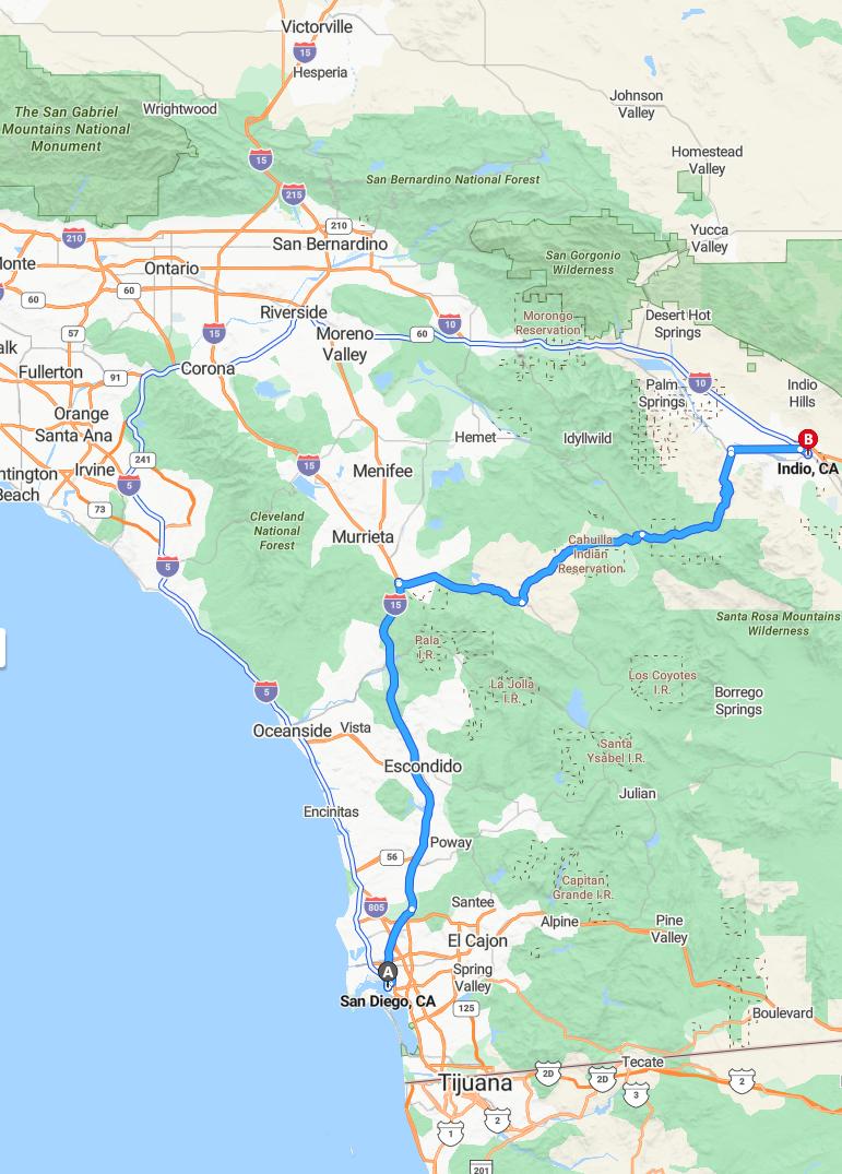 driving from San Diego, California to IndioCalifornia - map and route