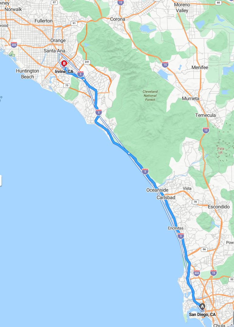 driving from San Diego, California to IrvineCalifornia - map and route