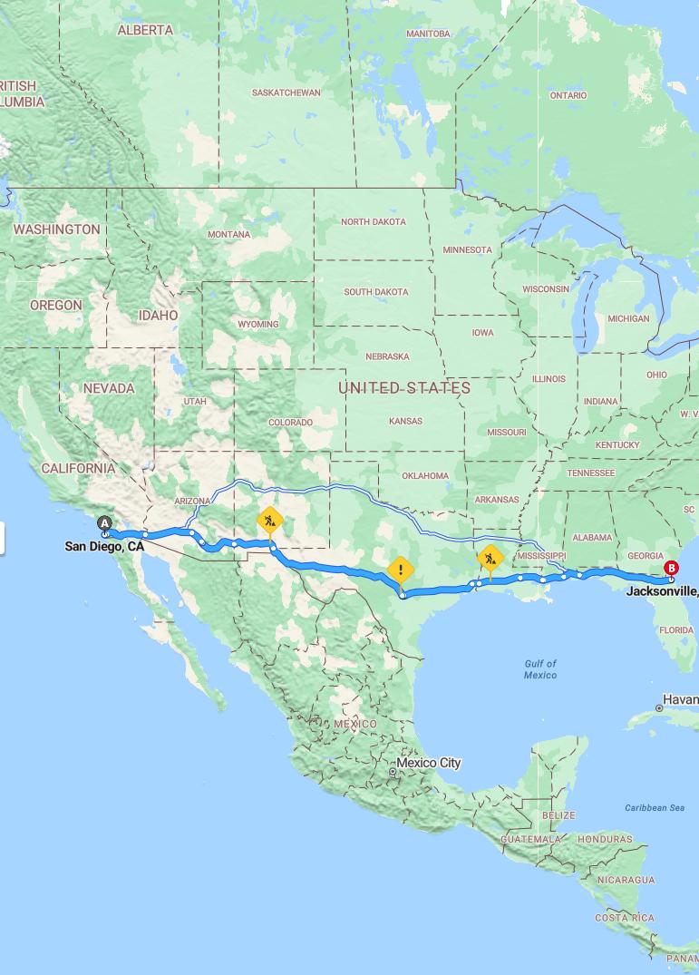 driving from San Diego, California to JacksonvilleFlorida - map and route