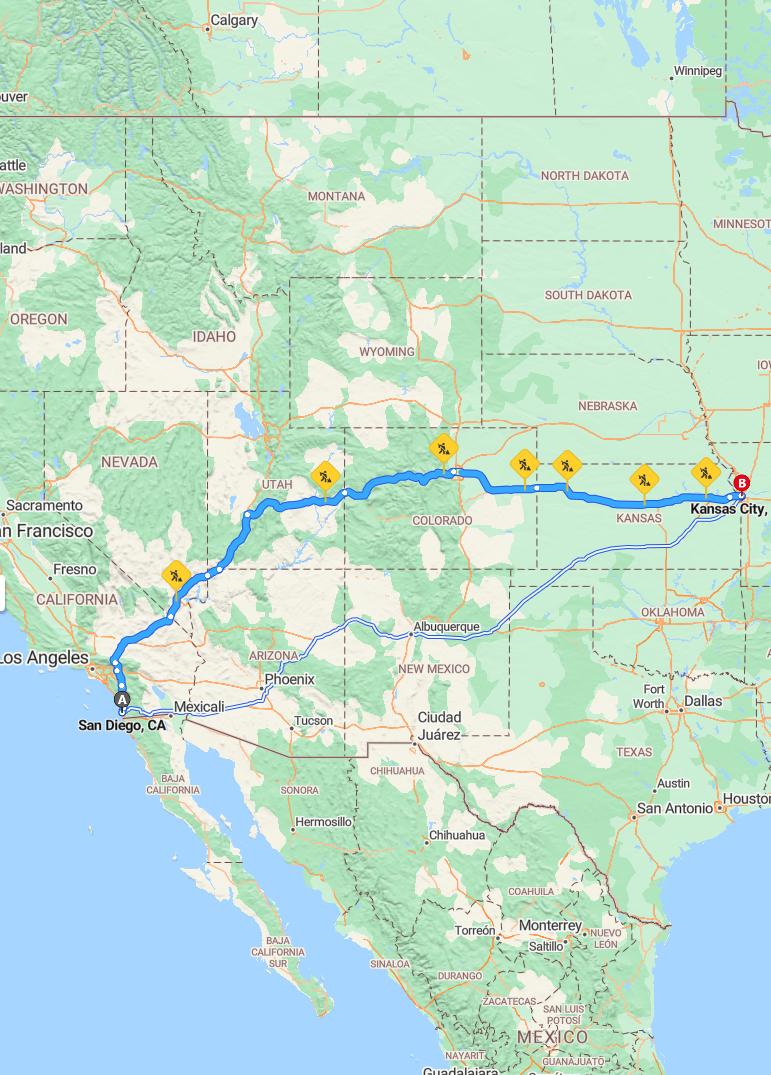 driving from San Diego, California to Kansas CityMissouri - map and route