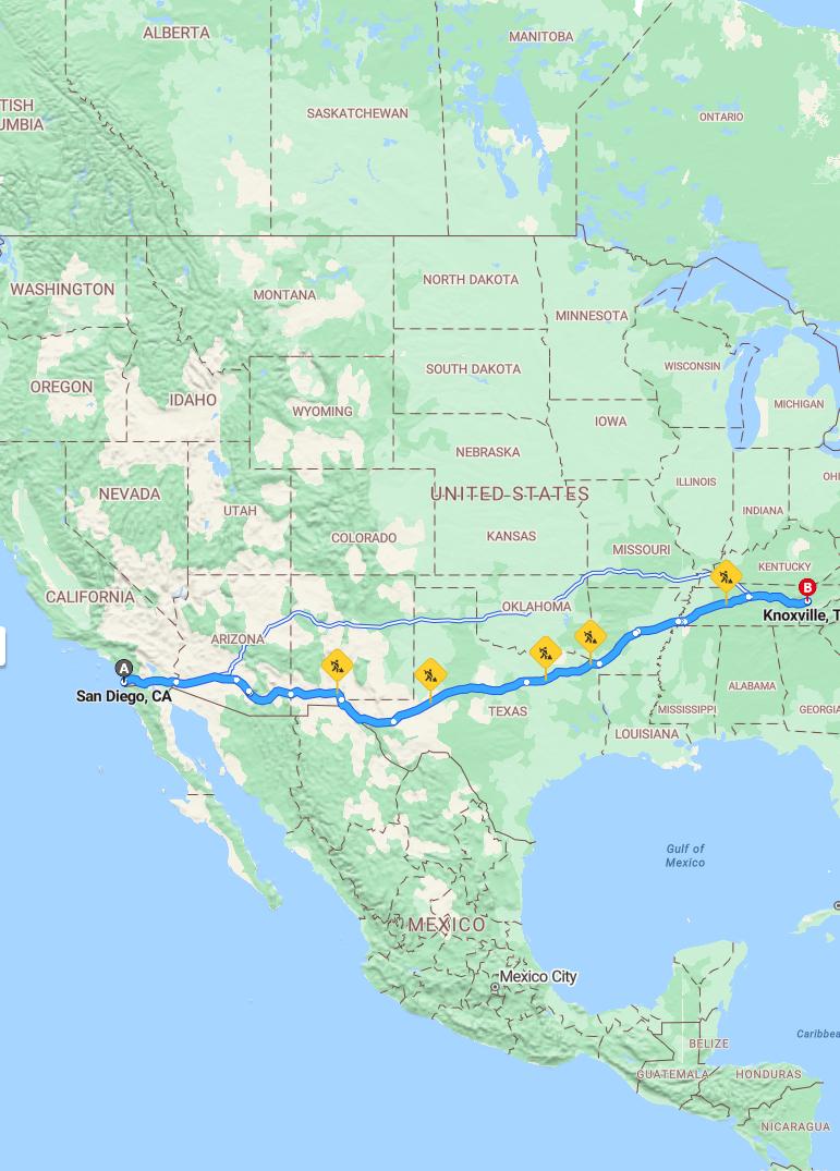 driving from San Diego, California to KnoxvilleTennessee - map and route