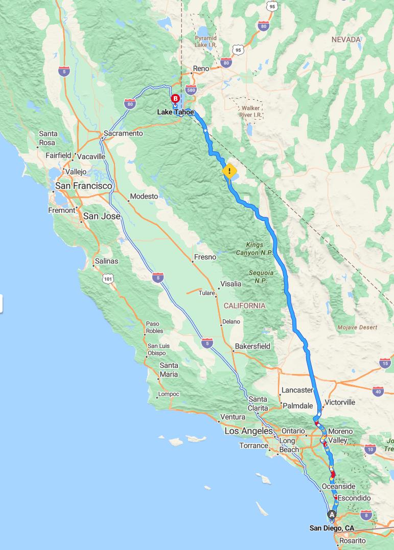 driving from San Diego, California to Lake TahoeCalifornia - map and route
