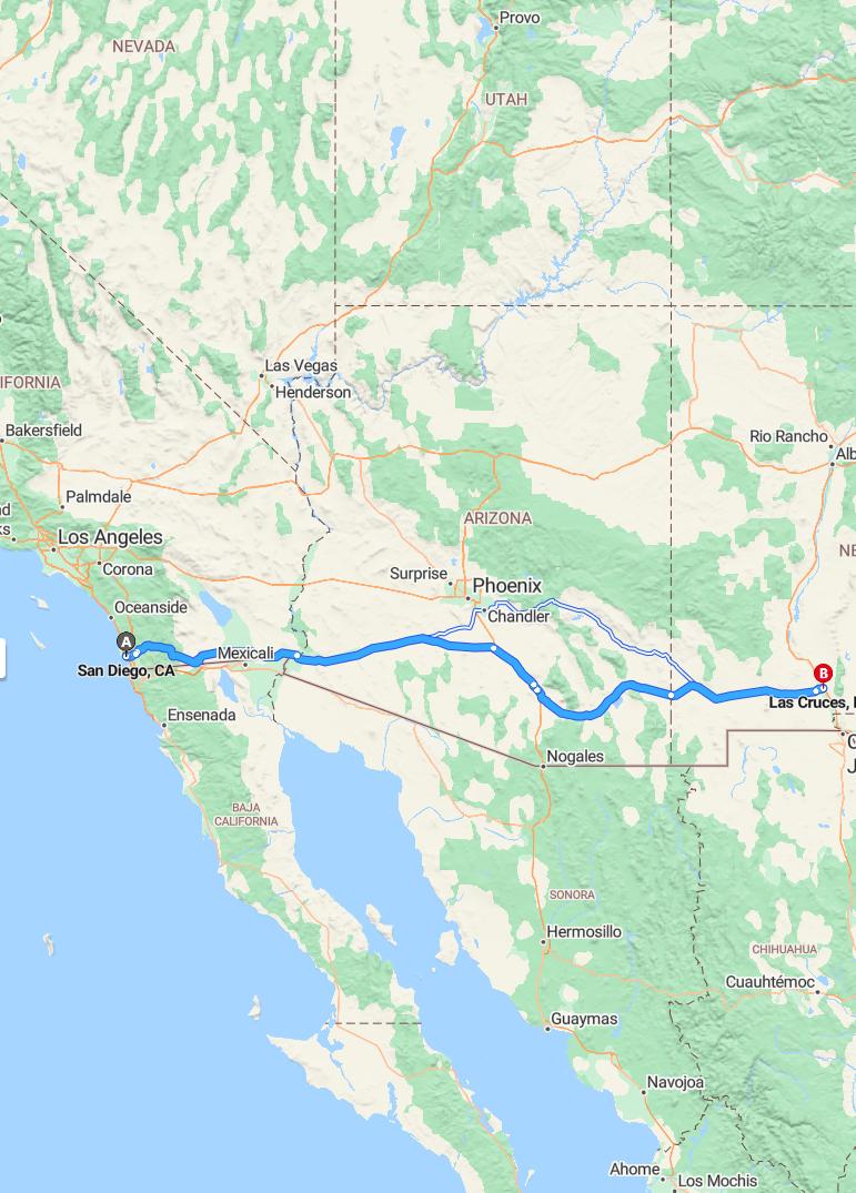 driving from San Diego, California to Las CrucesNew Mexico - map and route