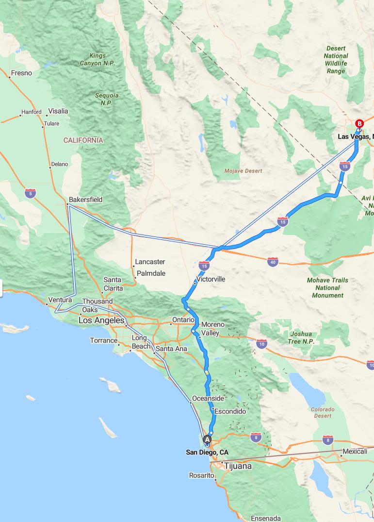 driving from San Diego, California to Las VegasNevada - map and route