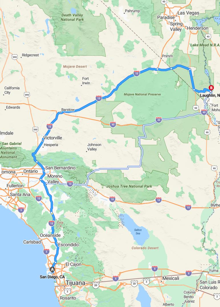 driving from San Diego, California to LaughlinNevada - map and route