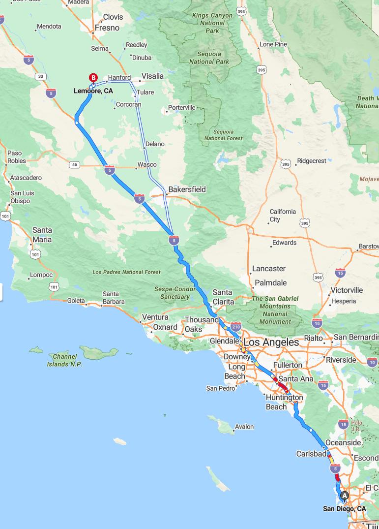 driving from San Diego, California to LemooreCalifornia - map and route