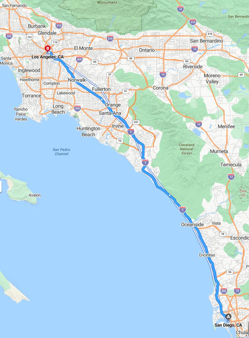 driving from San Diego, California to Los AngelesCalifornia - map and route
