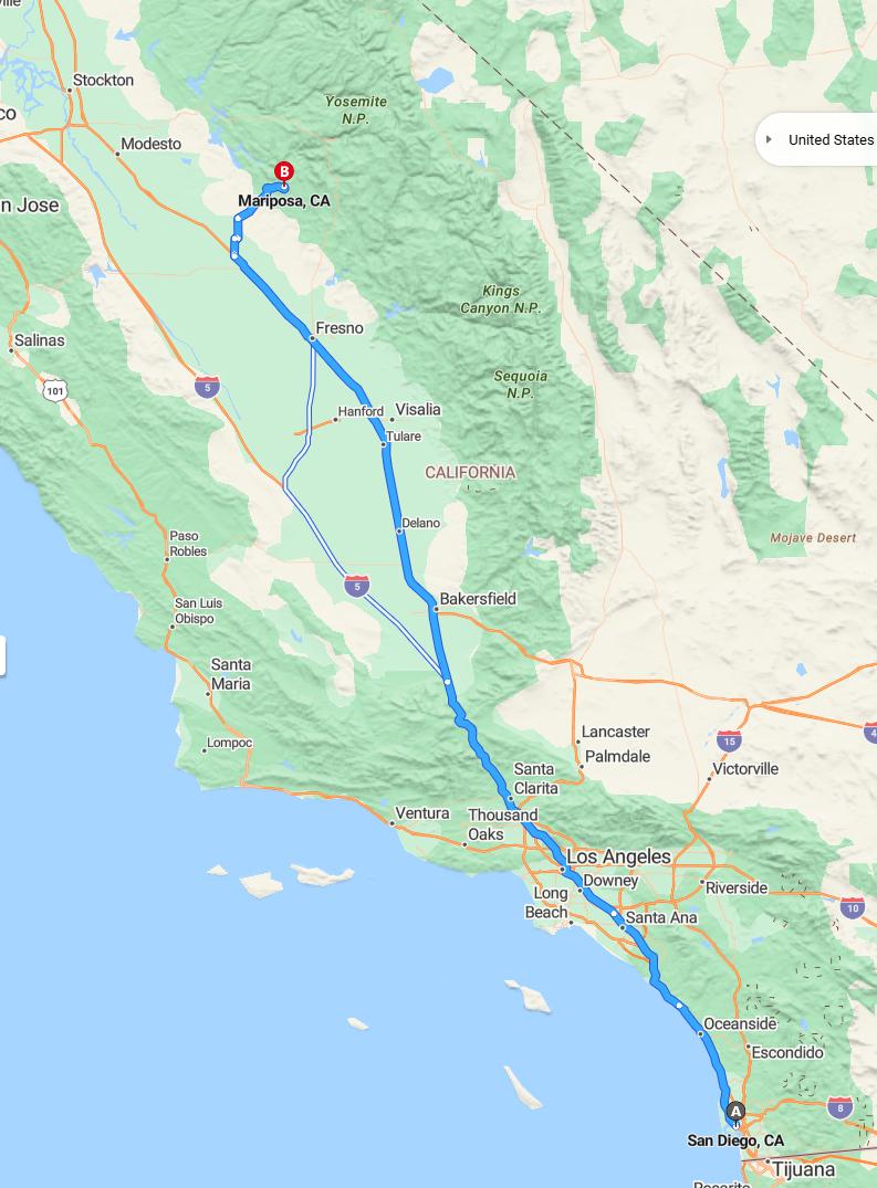 driving from San Diego, California to MariposaCalifornia - map and route
