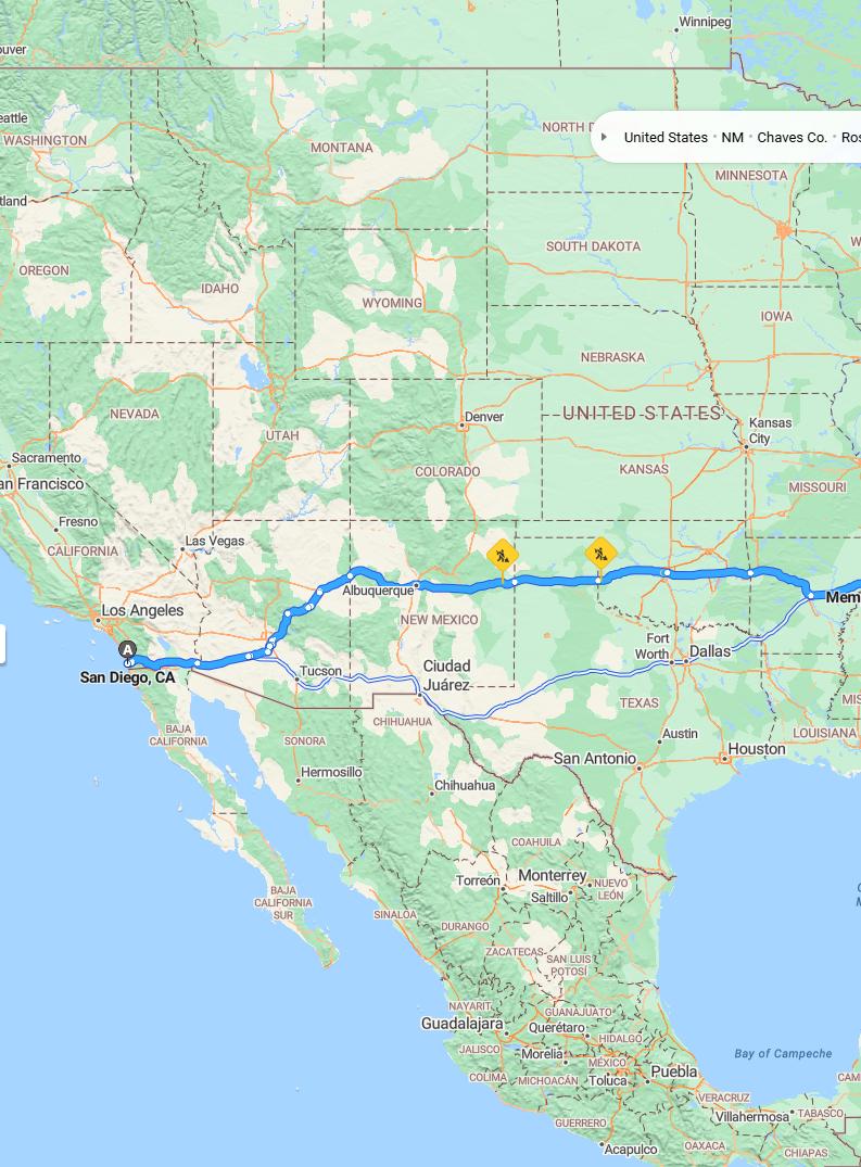 driving from San Diego, California to MemphisTennessee - map and route