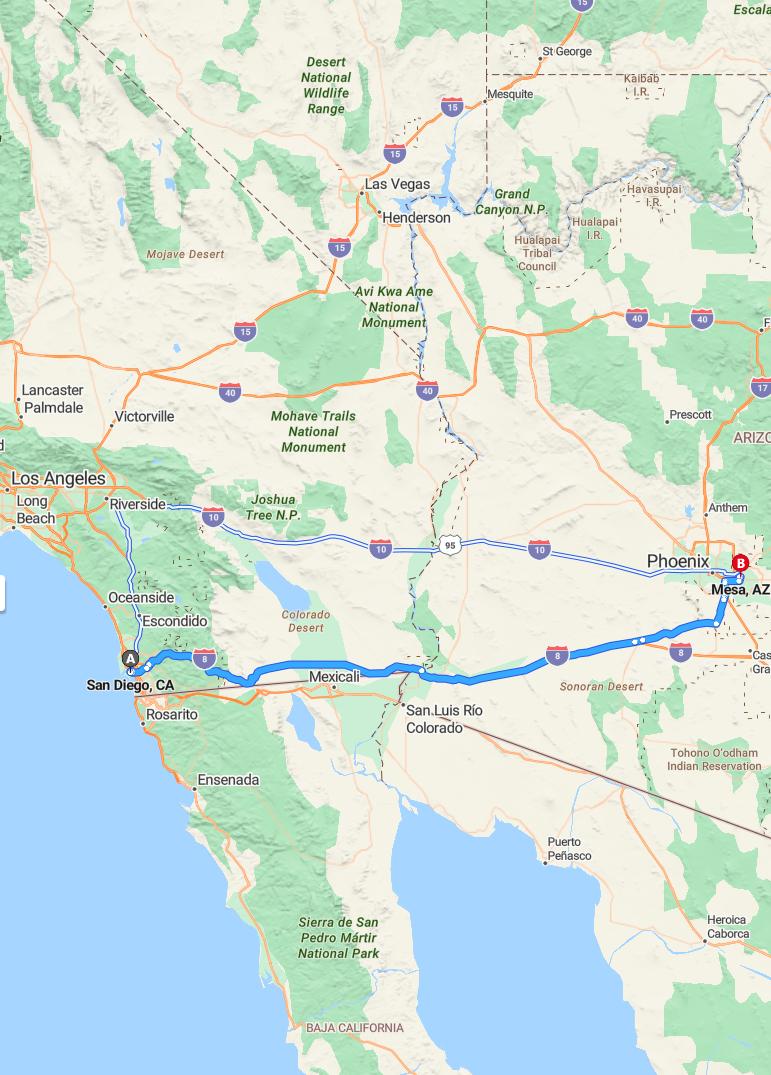 driving from San Diego, California to MesaArizona - map and route
