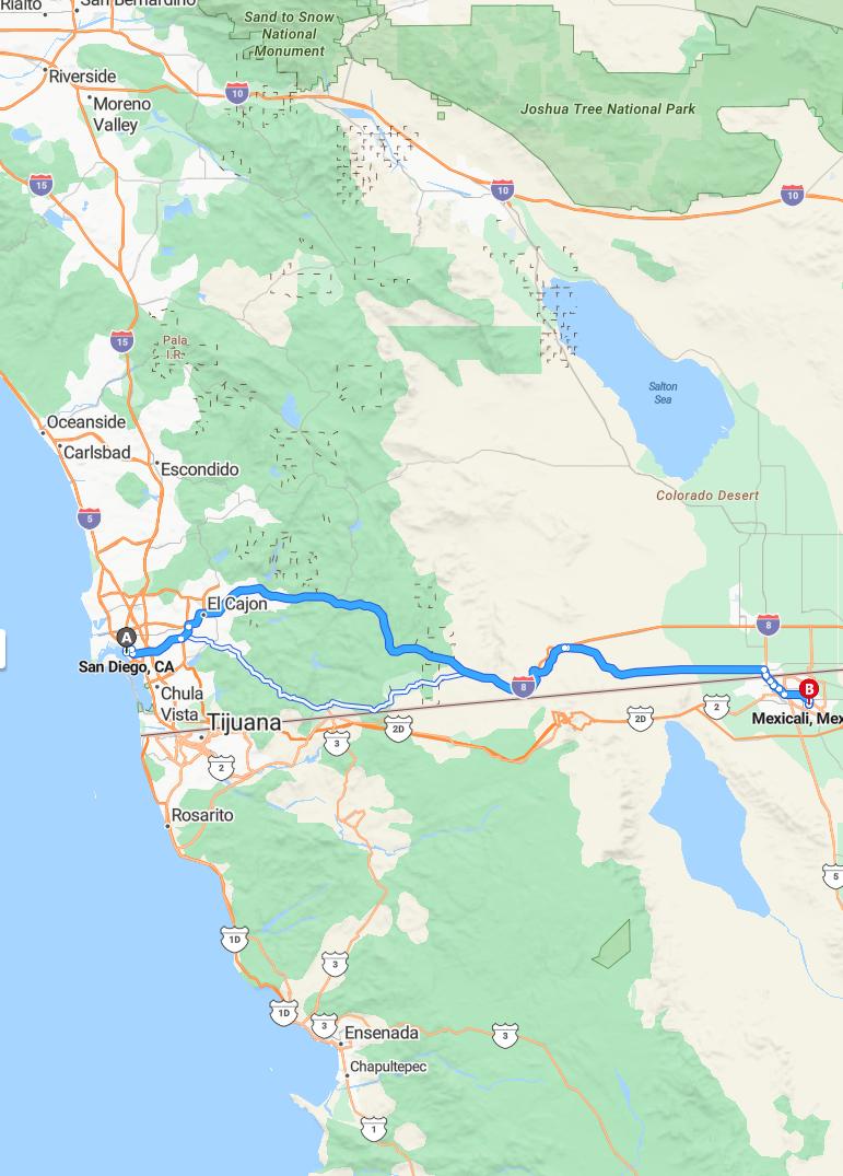 driving from San Diego, California to MexicaliBaja California - map and route