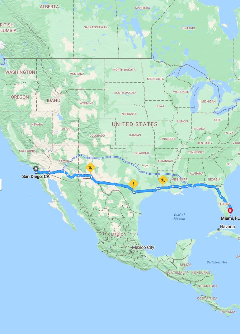 driving from San Diego, California to MiamiFlorida - map and route