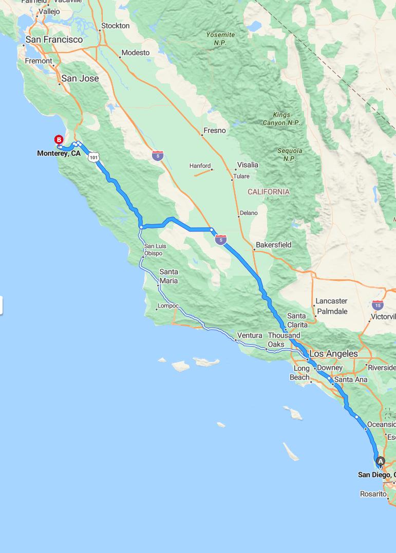 driving from San Diego, California to MontereyCalifornia - map and route