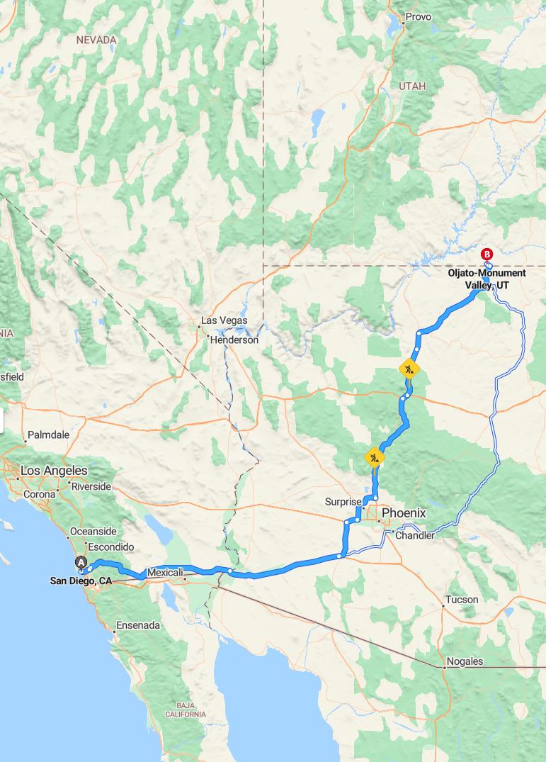driving from San Diego, California to Monument ValleyUtah - map and route