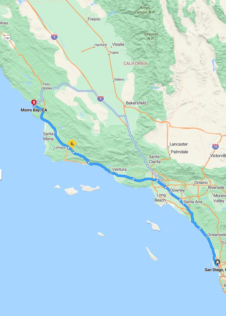 driving from San Diego, California to Morro BayCalifornia - map and route