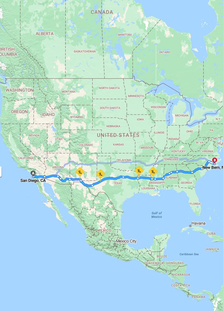 driving from San Diego, California to New BernNorth Carolina - map and route