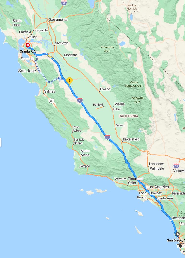 driving from San Diego, California to OrindaCalifornia - map and route