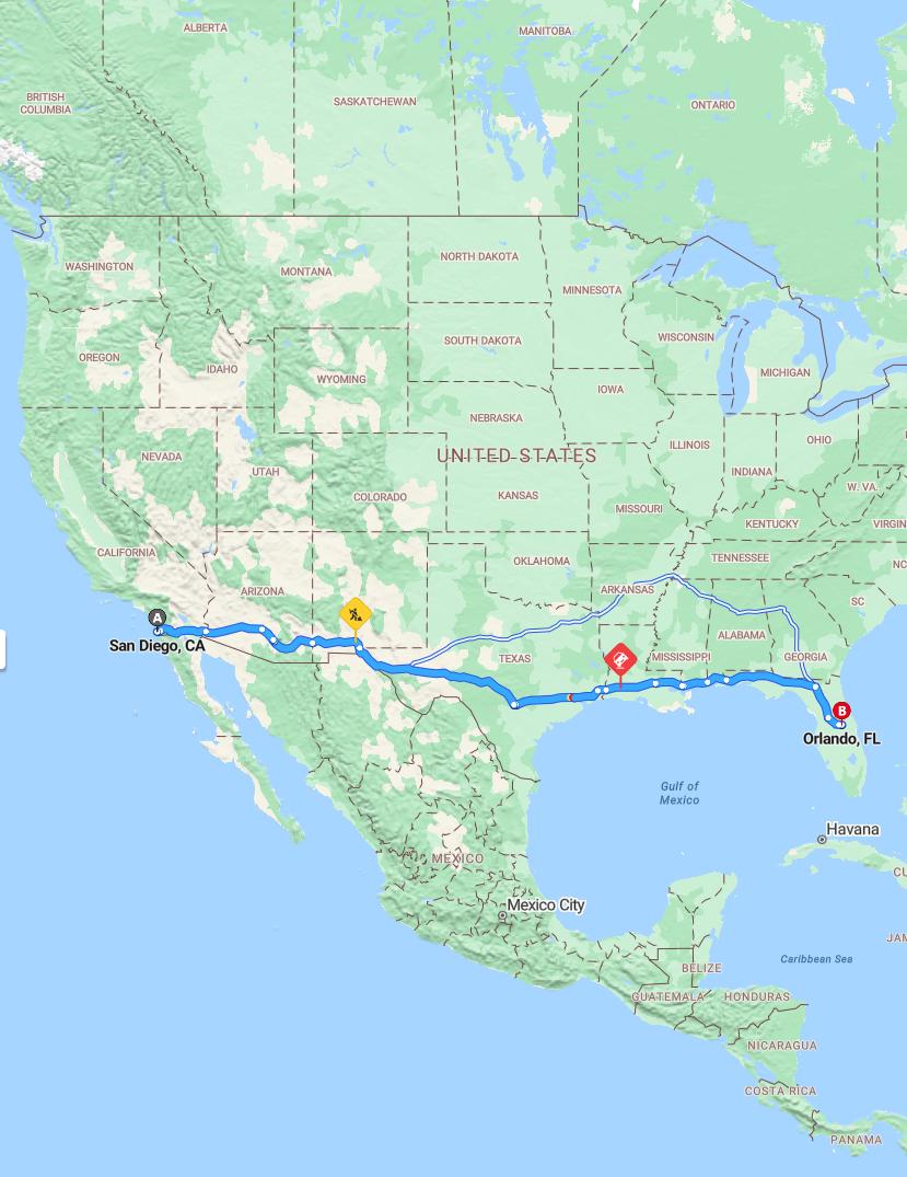 driving from San Diego, California to OrlandoFlorida - map and route