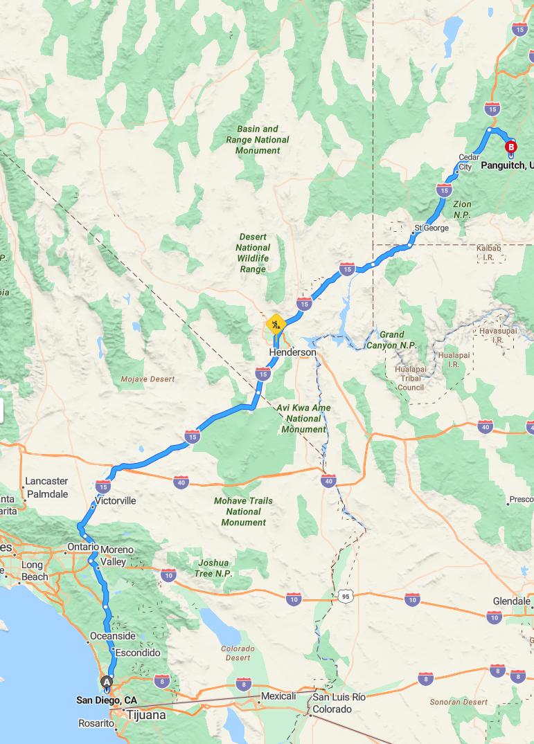 driving from San Diego, California to PanguitchUtah - map and route