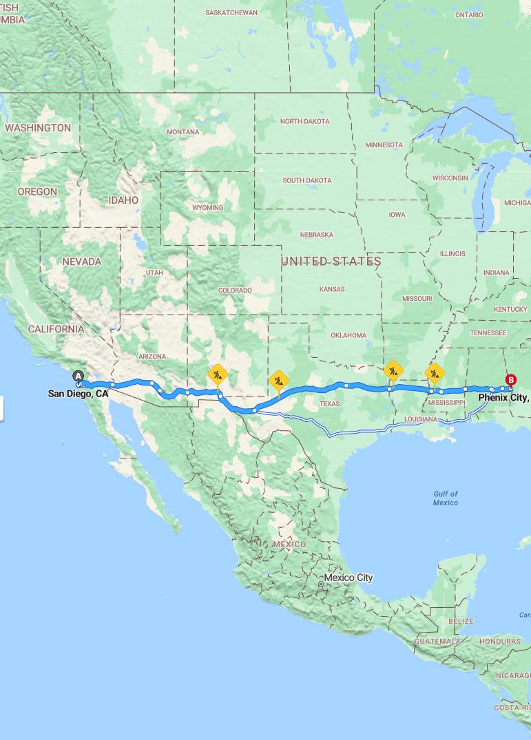 driving from San Diego, California to Phenix CityAlabama - map and route