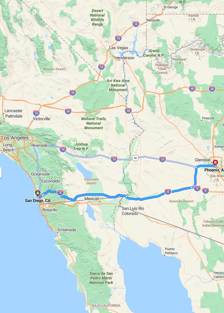 driving from San Diego, California to PhoenixArizona - map and route