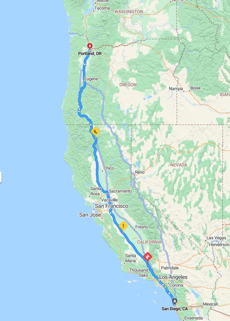 driving from San Diego, California to PortlandOregon - map and route