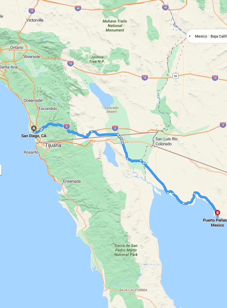 driving from San Diego, California to Puerto PenascoSonora - map and route