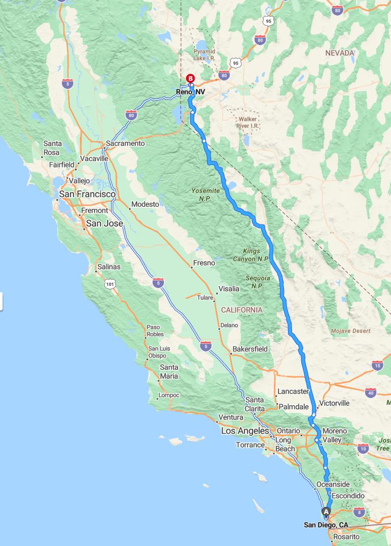 driving from San Diego, California to RenoNevada - map and route