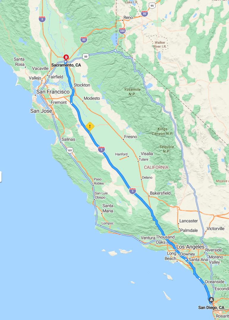 driving from San Diego, California to SacramentoCalifornia - map and route