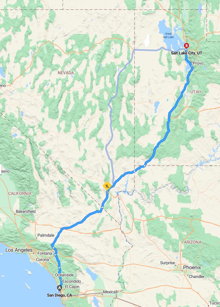 driving from San Diego, California to Salt Lake CityUtah - map and route