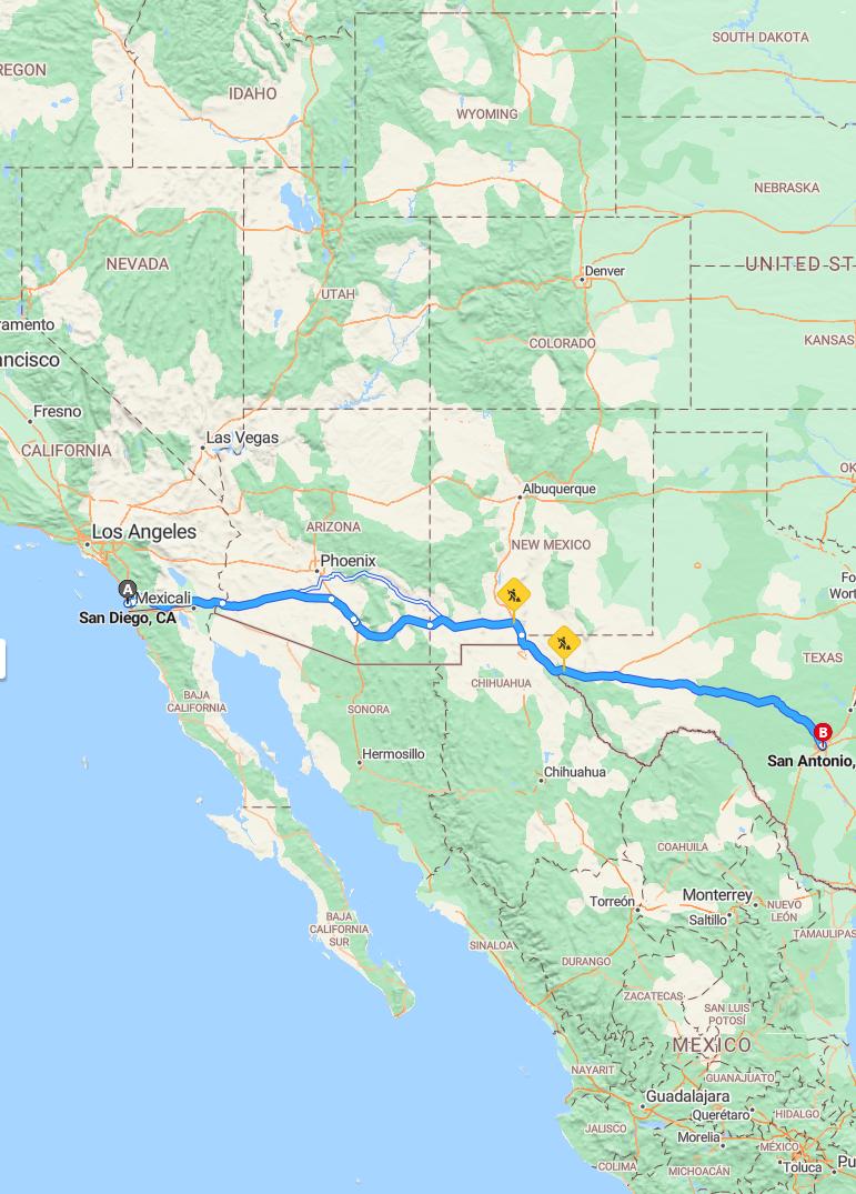 driving from San Diego, California to San AntonioTexas - map and route