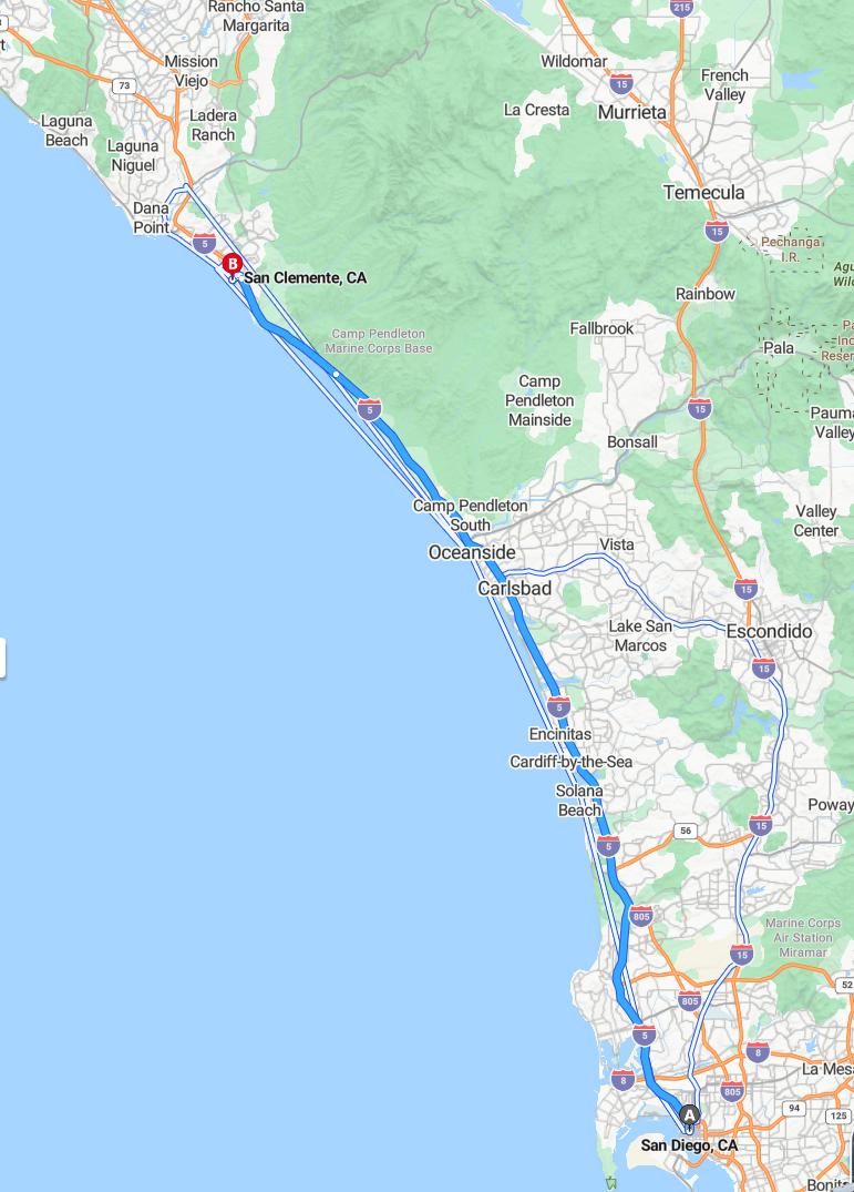 driving from San Diego, California to San ClementeCalifornia - map and route