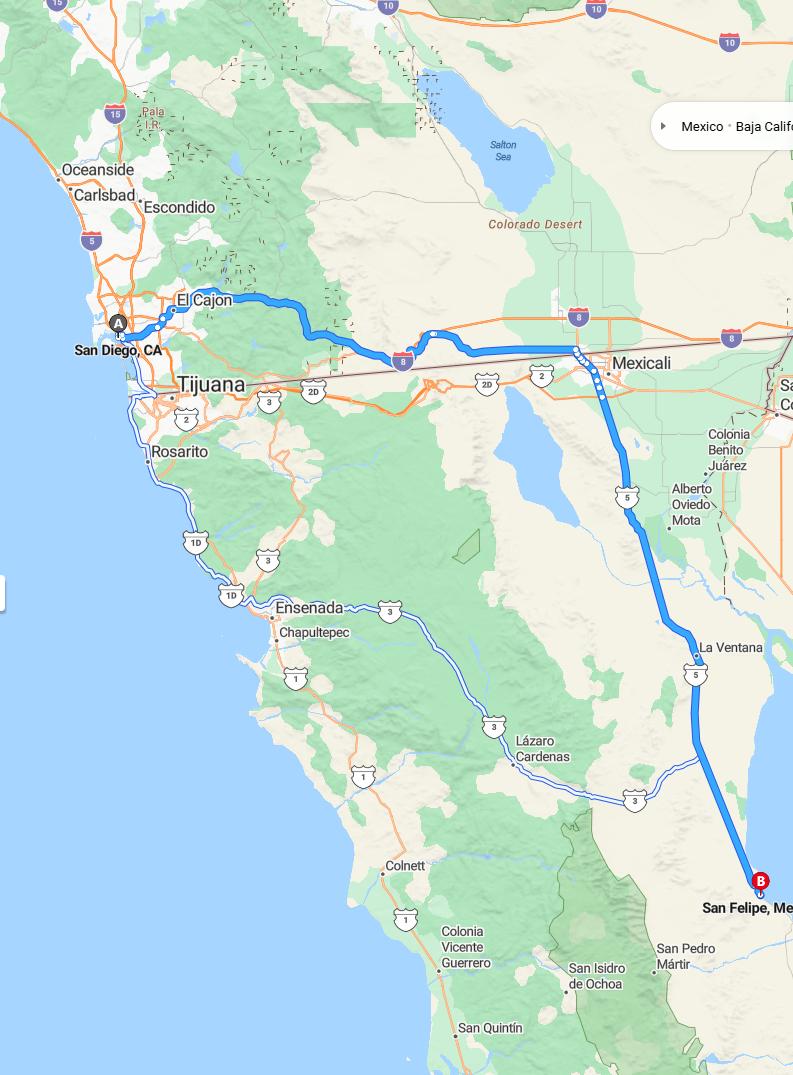 driving from San Diego, California to San FelipeBaja California - map and route