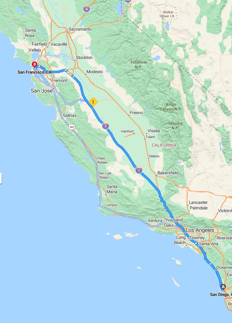 driving from San Diego, California to San FranciscoCalifornia - map and route