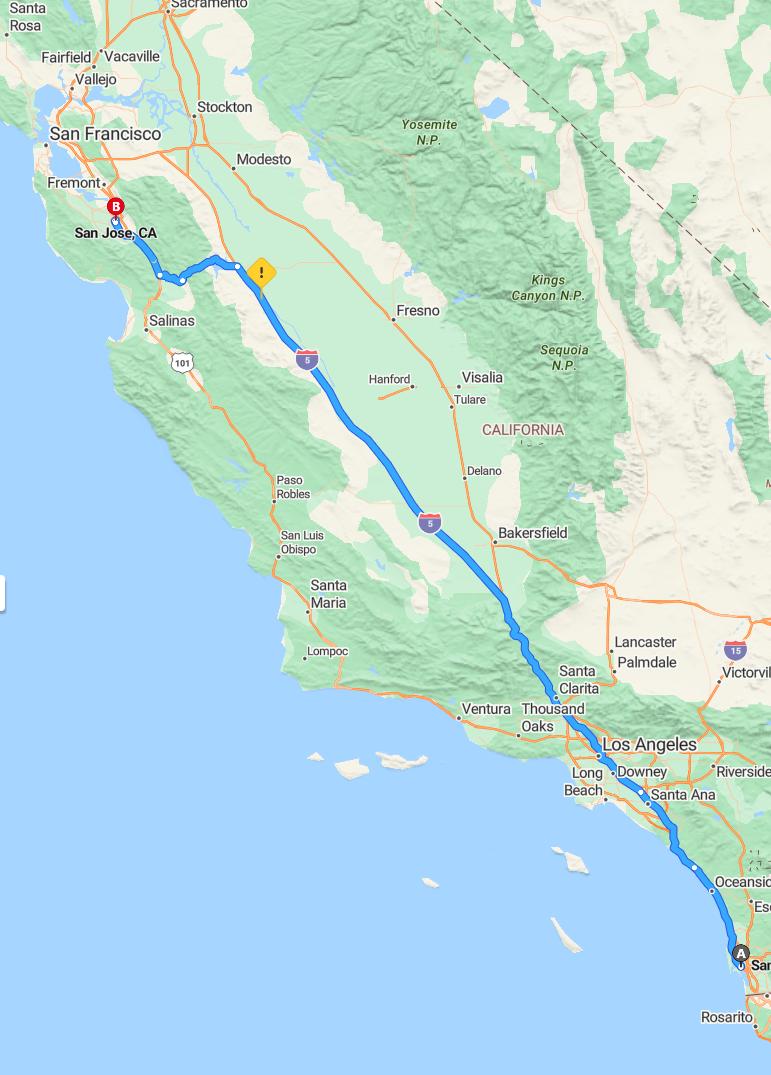 driving from San Diego, California to San JoseCalifornia - map and route