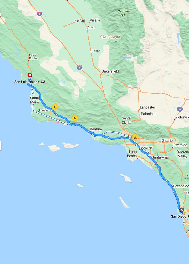 driving from San Diego, California to San Luis ObispoCalifornia - map and route